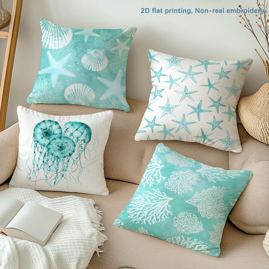 MEMNUN 4件套夏季蓝绿色海星、贝壳、水母、珊瑚印花枕套【不含枕芯】，尺寸：17.7*17.7英寸（45*45厘米）/19.69*19.69英寸（50*50厘米）/15.75*15.75英寸（40*40厘米），【单面印花】，涤纶材质，清新海洋风装饰抱枕套，适用于沙发、床、客厅、卧室、汽车、办公室、酒店等场所，四季皆宜，是馈赠亲朋好友的完美礼物。