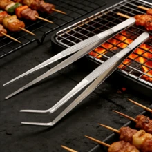 A Set Of 2pcs Lengthened Stainless Steel Tweezers - One Straight Tip & One Curved Tip - Matte Finish, Multi-Purpose Tea Art Tweezers, Aquatic Plants Landscape Tools, Succulent Tweezers - Ideal For BBQ Grilling, Gardening, Aquascaping, Crafts, Jewelry Making, Lab Work - C-Silver - View 6