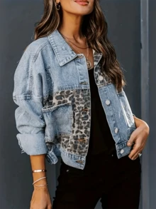Women's Long Sleeve Denim Jacket, Leopard Print Patchwork Casual Spring - Light Blue - View 4