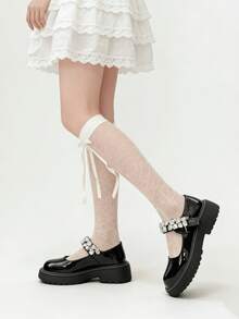 1/3 Đôi tất mùa hè mỏng, đa năng, đính nơ pha lê kiểu Lolita - Nhiều màu - Xem 5