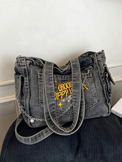 New Fashion Classic Versatile Casual Letter Graphic Decor Design, Embroidered Craftsmanship, Large Capacity Shoulder Bag With Metal Chain Decoration, Distressed Washed Fabric Women Backpack, Suitable For Campus Use. Can Be Used For Commuting, School, Essential College Tote Bag.