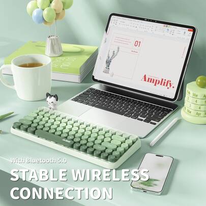 ATTACK SHARK *AJAZZ 308i Wireless Bluetooth Keyboard, Retro Typewriter Design With Gradient Colorful Round Keycaps And Cute Magnetic Cat Doll, 84 Keys, Multi Device Keyboard