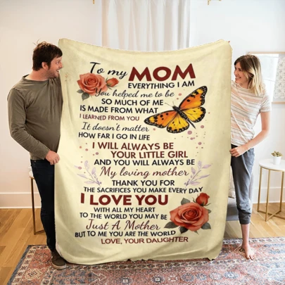 1pc Mother's Day Gift Blanket, Butterfly & Floral Message Pattern Throw Blanket For Mom From Son/Daughter - Super Soft, Cozy, Warm Flannel Fleece Blanket With Thick Knitted Polyester Structure - Great For Camping, Office Nap, Dorm And Gifts - Machine Washable And Easy Care