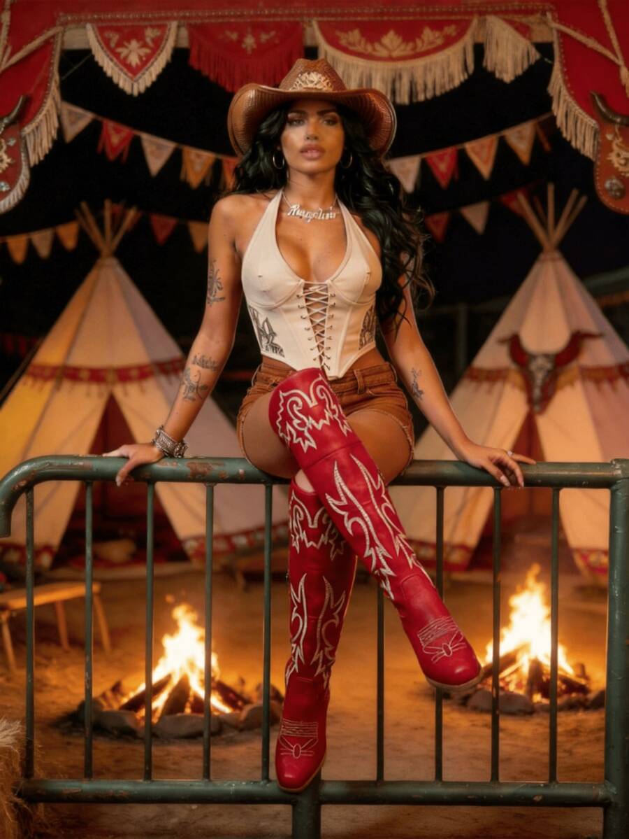 Summer Boots Riding Knee Thick Heels Embroidery Red Cowboy Boots For Women's Country Concert Combat Boots Cowgirl Outfits Western Chic Festival Shoes - Đỏ - Xem 1