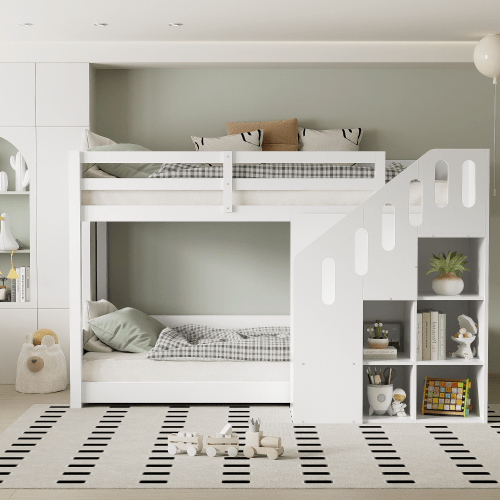 Children's Bunk Bed, Double Bed, Multifunctional Children's Bed, With Stairs And Lockers, Sturdy Railing, Without Mattress, 90*200cm, White