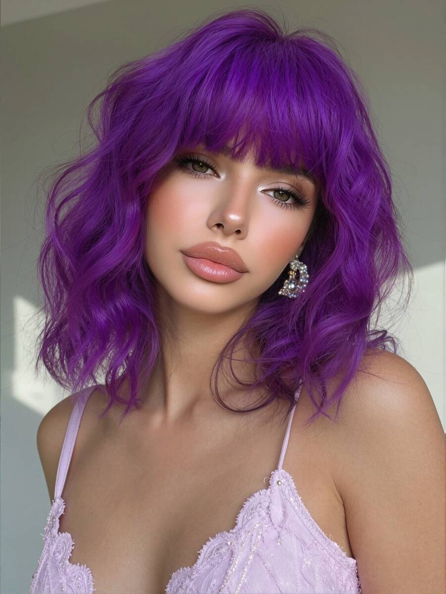 Wig Ungu Bergelombang 12 Inci dengan Poni, Wig Sintetis Pendek Keriting Tahan Panas untuk Wanita, Cocok untuk Pesta, Pemakaian Sehari-hari, Berwarna-warni, Populer untuk Festival Musik - Purple - View 1