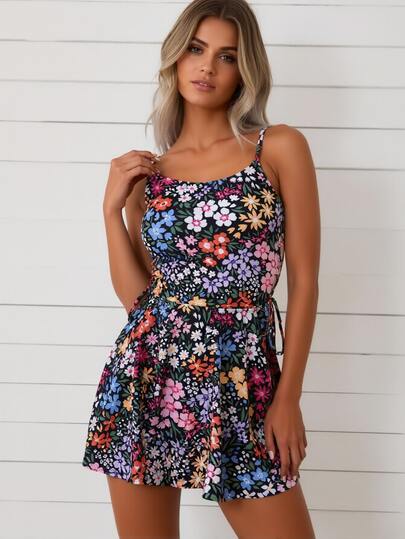 boho swim dress BloomChic Women's Plus Size Boho Print Surplice Neck Contrast Swim Dress Black Ethnic Floral Non Adaptive-Fit 22-24/3X