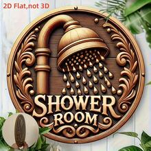 2D Flat, 1pc Vintage Shower Sign - Round Iron Plate With Gold Faucet And Water Drop Design, Iron Wall Decor, Suitable For Bathroom, Home, Door, Wreath - No Electricity Required, Home Theme Art Decoration, Bathroom Wall Decor, Elegant Layout, 2D Flat, Pre-Drilled Holes, Style As Shown In Dimension Diagram - Multicolor - View 3