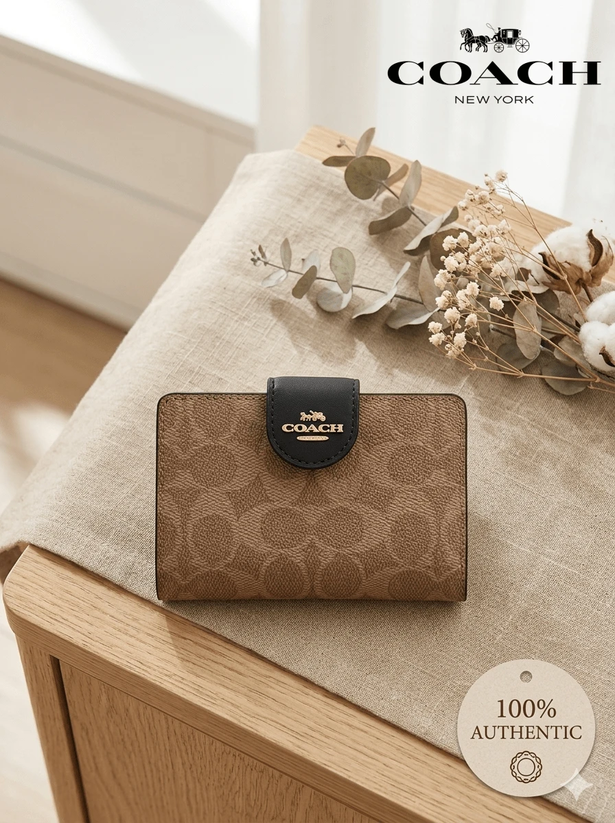 Coach Medium Corner Zip Wallet In Signature Canvas Bifold Wallet With ID Window And Coin Pocket Multi-Card Wallet Purse For Women Gift For Her - 黑棕色 - 查看 1