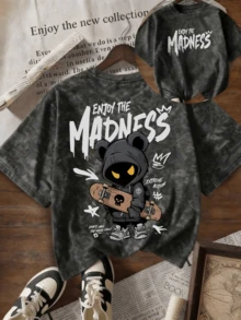 Camiseta de manga corta para mujer con estampado de oso y patineta estilo tie-dye oscuro, corte holgado, cuello redondo, top casual estilo Y2K, verano negro - Negro - Ver 3