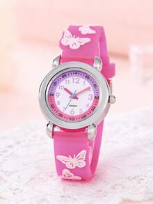 Reloj de cuarzo con correa de silicona con diseño de mariposa en 3D para niños/niñas - Rosa Fucsia - Ver 4