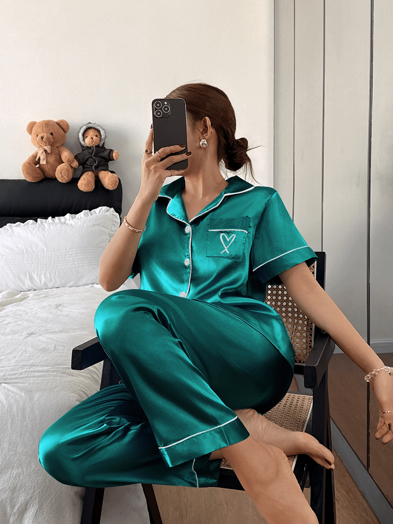 Dreamivo 情人节短袖长裤刺绣爱心绿色女士睡衣套装 - 綠色 - 查看 1