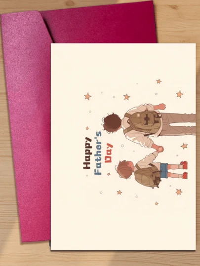 Chúc mừng Ngày của Cha! Thiệp chúc mừng theo phong cách hoạt hình tông màu ấm áp, hình ảnh người cha và con trai nắm tay nhau đi dạo, thể hiện lòng biết ơn và sự trân trọng dành cho những người cha, cha dượng và những người đàn ông đóng vai trò người cha (Bao gồm 1 thiệp và 1 phong bì, kích thước 4.3" x 6.3").