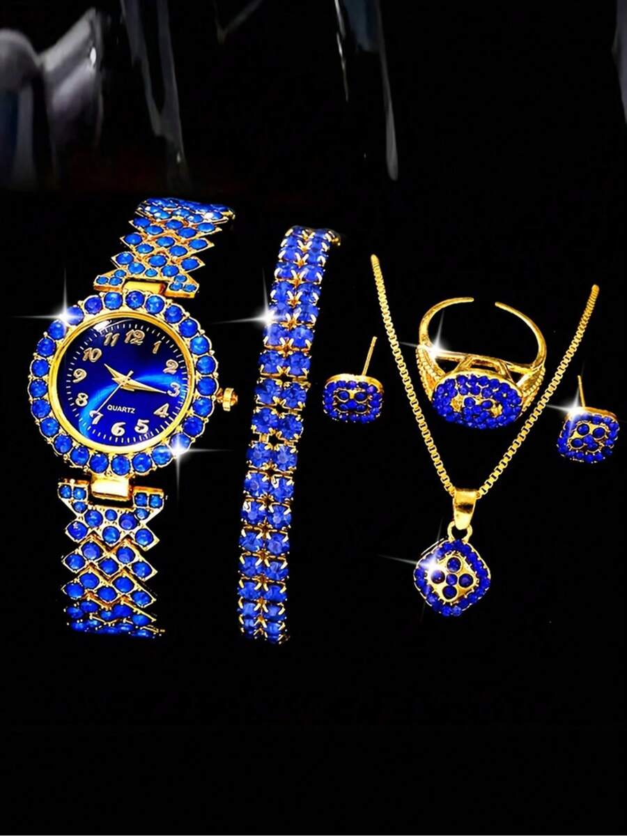 6Pcs Women's Quartz Watch Bracelet Necklace Earrings Ring Jewelry Set Elegant Luxury Rhinestone Minimalist Digital Dial For Daily Wear Party Decoration Or Mother's Day Valentine's Day Various Festival Gifts For Friends And Mothers - Multicolor - View 1