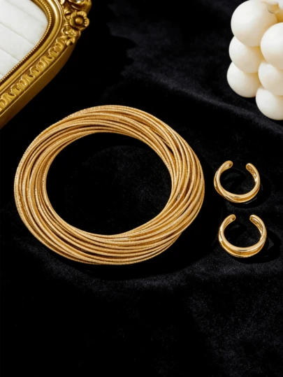 1 Set Fashionable Matte Line Bracelet And Ring Combination, Suitable For Women's Daily Wear And Holiday Gifts