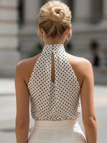 Áo tank top nữ kiểu vintage chấm bi cổ yếm không tay, thiết kế khoét lỗ tôn dáng, chất liệu mềm mại, phù hợp mặc hàng ngày, đi chơi và các dịp trang trọng, màu trắng. - trắng - Xem 3