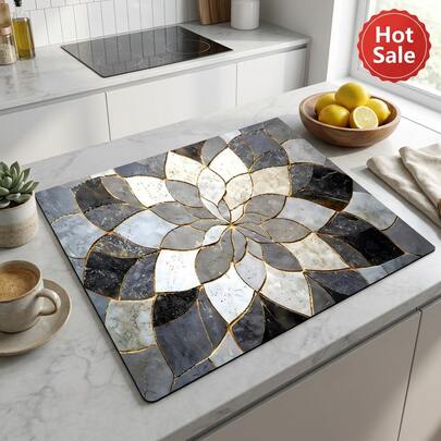 1枚 高級大理石調珪藻土マット - グレー、ホワイト、ブラックのフローラルモザイク、ゴールドアクセント、速乾性 滑り止め キッチンカウンター&バスルームフロア用、モダンインテリア&新築祝いギフトに