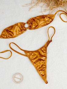 Bộ đồ lót hai mảnh gợi cảm dành cho nữ, quần lót bikini dây mảnh màu trơn, thích hợp cho tiệc tùng. - Vàng - Xem 4