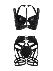 女士绷带文胸内裤套装，性感绷带内衣套装，含弹性吊带背心、笼罩式绷带文胸上衣和网纱内裤 - 黑皮 - 查看 2