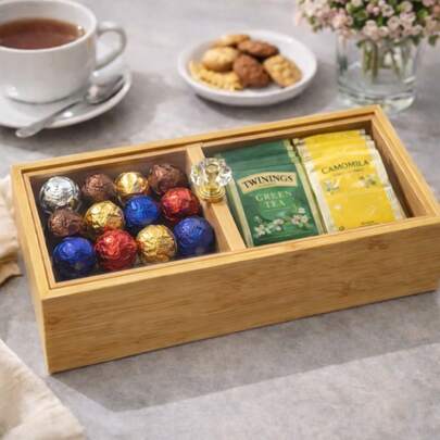 Porta Chá Organizador de Bambu com Tampa Cristal Multiuso Divisórias Café Chás Mesa Posta
