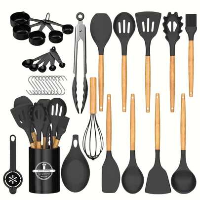 XBJ 33-Piece Cutlery Set | Silicone Kitchen Cooking Utensils Set With Storage Stand | Non-Stick Spatulas Spoons Wooden Handles | Durable Easy-Clean Kitchen Utensils | Essential Cooking Baking Tools | Must-Have Kitchen Accessaries