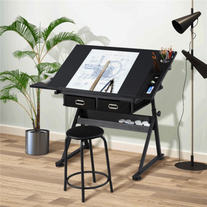 Butterslay Drafting Table & Stool Set, Multifunctional Drawing Desk With Height & Angle Adjustment, Adjustable Workstation Table With Retractable Side Board, Storage Drawers, Open Shelf, Drawing Table For Art Studio, Study, Office, Black/White/Wood