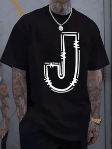 (220 Cotton-Shirt)    Men's Summer Round Neck Short Sleeved Casual Cotton Print   LetterComfortable Cotton - 黑色 - 查看 11