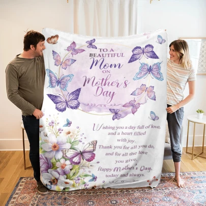 1pc Mother's Day Gift, Envelope & Floral Pattern Throw Blanket From Son/Daughter - Super Soft, Cozy & Warm Flannel Fleece Blanket, Made Of Thick Knitted Polyester - Great For Camping, Office Nap, Dorm & Gifts - Machine Washable And Easy Care
