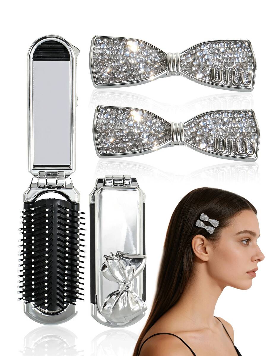 3 pezzi/Set Accessori per capelli con fiocco: include uno specchio pieghevole placcato con fiocco e un pettine, e una molletta laterale con farfalla di strass - perfetto per uso quotidiano, viaggi, fotografia, appuntamenti o regali, estate, vacanze, molletta per capelli, accessorio per capelli, mollette per capelli - Argento - Visualizzare 1