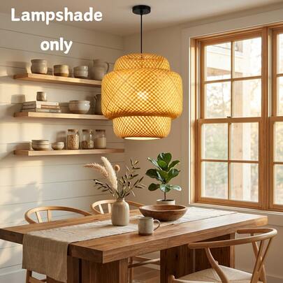 Woven Rattan Lampshade Only, Double Layer Bamboo Pendant Light Shade Replacement, Handwoven Boho Hanging Lamp Cover, Rustic Farmhouse Coastal Wabi Sabi Style, E26 E27 Socket Shade For Bedroom Living Room Dining Room Kitchen Decor