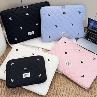 Cute Bow Quilted Laptop Sleeve, Fits 10/11 Inch And 13/14/15/15.6 Inch Laptops, Portable Shock-Resistant Computer Inner Bag Compatible With MacBook, HP And All Laptops