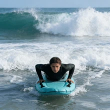 1pc Lake Blue Inflatable Surfboard, Universal Adult Portable Floating Board, Beach & Pool Surfing & Water Sliding Device, Tear-Resistant & Wear-Resistant, Waterproof & UV-Resistant, Stable Structure After Inflation, Ergonomic Arc Design Fits Body Curve, Black Woven Side Handles For Grip & Stability, Quick Inflation Valve - Multicolor - View 6