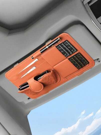 Luxury PU Leather Car Sun Visor Storage Bag - Built-In Glasses Holder, Pen Slot, Tissue Box And Multiple Card/ID Pockets, Compact Design, Anti-Slip And Durable, Suitable For Sedans, SUVs And Trucks