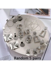 Bộ 5 đôi bông tai hình học dành cho nữ, kiểu dáng ngẫu nhiên, không có bao bì. - Bạc - Xem 3