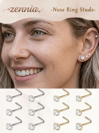 6 Stück/Set 18 Gauge 20 Gauge elegante Nasenringe Stecker für Frauen Männer Gold/Silber 316L Edelstahl Nasen Stecker L-förmig Nasen Piercing Schmuck mit klaren kubischen Zirkoniasteinen imitierter Diamant Spitze Größe 1,5 mm 2 mm 3 mm für Muttertag für tägliche Dekoration