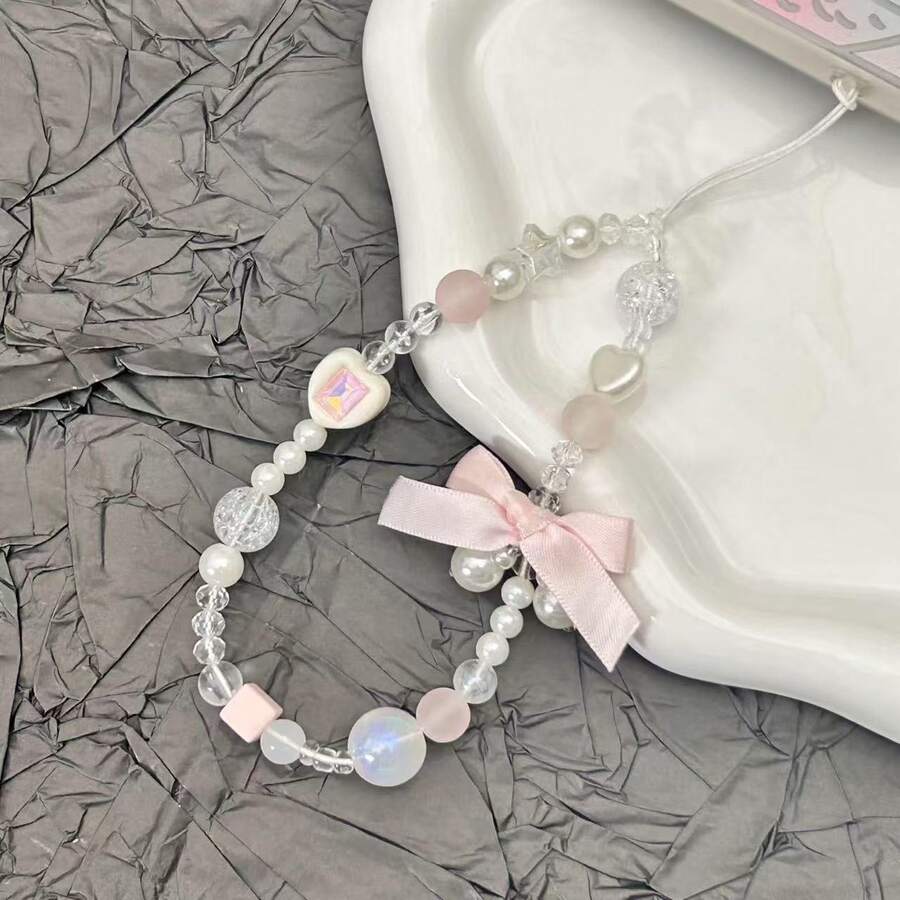 1条ins风甜美酷炫轻奢少女手机链手机挂饰CCD相机链串珠挂绳爱心 - 白色 - 查看 1