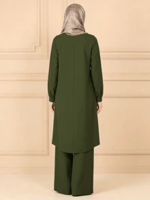 This Fashionable Women's Green Set Features A Dignified Style, Including An Asymmetric Layered Belted Top And Matching Pants. The Round Neck And Bishop Sleeve Design Make It Suitable For All Seasons. Spring - Green - View 4