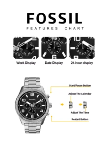 Fossil 男士石英不锈钢三针手表不锈钢表壳/玻璃镜面 BQ2797/BQ2798 - 黑色 - 查看 5