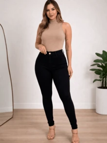 Premium Softened Skinny Jeans, High-Waisted Shaping, Butt-Lifting With Lycra - 黑色的 - 查看 4