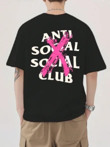 100% Pure Cotton Printed T-Shirt  X Logo Streetwear Graffiti Style Fashion Statement  Design S To 3XL Short-Sleeved Round Neck Casual Top Suitable For All Seasons Men's Wear - 黑色 - 查看 3