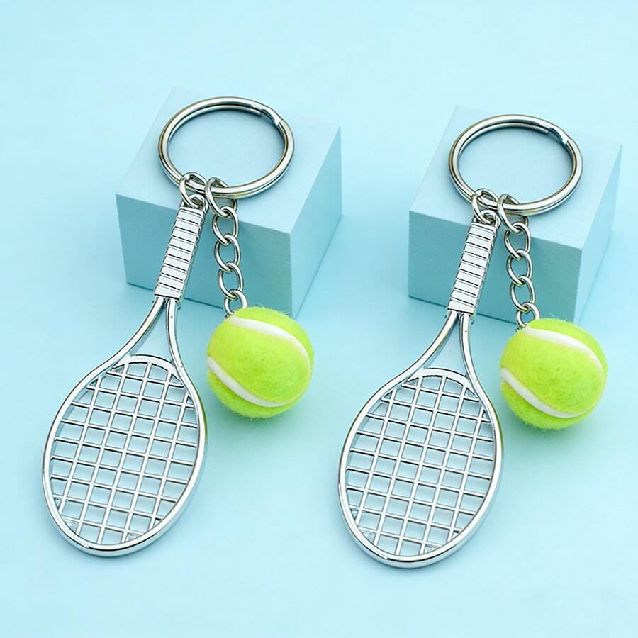 2pcs Simulation Tennis Racket Zinc Alloy Keychain, Mini Plush Tennis Bag Pendant, Sports Enthusiast Souvenir Small Gift Gifts For Mother, Father, Graduation, And Teacher - Multicolor - View 1