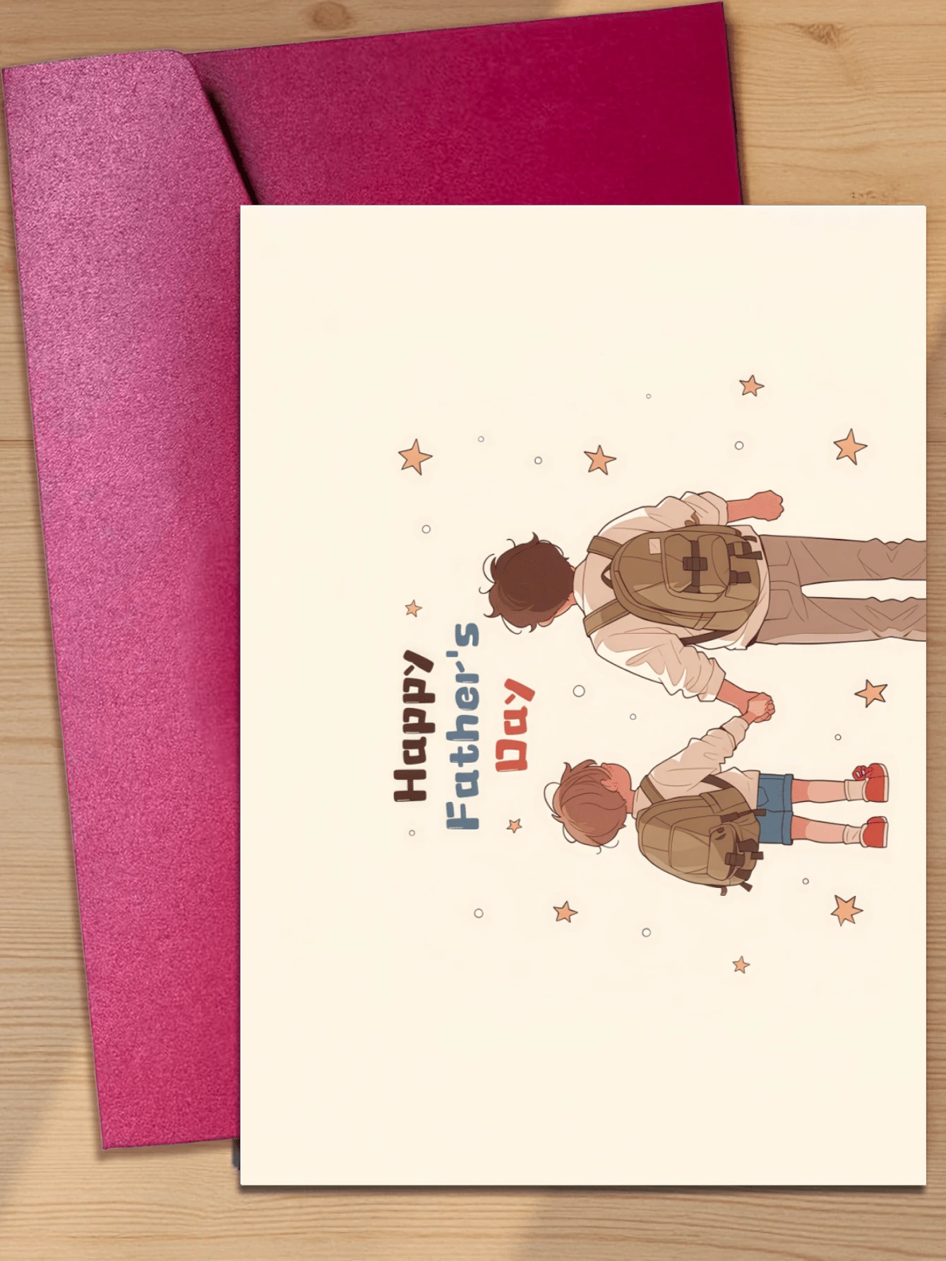Chúc mừng Ngày của Cha! Thiệp chúc mừng theo phong cách hoạt hình tông màu ấm áp, hình ảnh người cha và con trai nắm tay nhau đi dạo, thể hiện lòng biết ơn và sự trân trọng dành cho những người cha, cha dượng và những người đàn ông đóng vai trò người cha (Bao gồm 1 thiệp và 1 phong bì, kích thước 4.3" x 6.3"). - Kiểu 1 - Xem 1