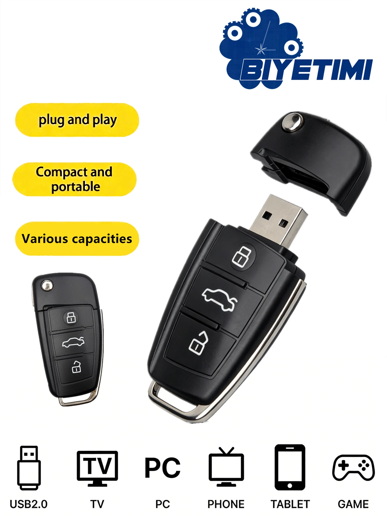 BIYETIMI Car Key Shaped USB Flash Drive, Portable Stylish USB Memory Stick, High-Speed Data Storage Pen Drive For Laptop, PC, Car Audio - Perfect Gift For Car Enthusiasts - View 1
