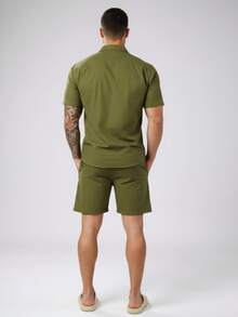 Conjunto Masculino Linho Camisa Shorts Liso - Verde Militar - Visão 3