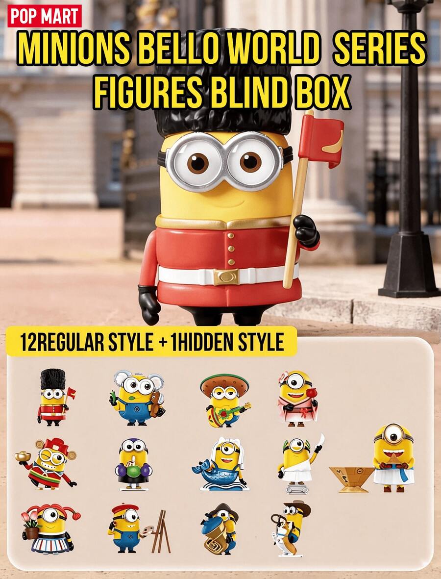 Boîte mystère Berryz World Series Minions POP MART - 12 figurines régulières + 1 figurine cachée, inspirée du thème de l'exploration mondiale, mettant en vedette de mini figurines dans des costumes régionaux, notamment le garde royal Dave, le Bob australien et la Mel aux fleurs de cerisier, fabriquées en vinyle détaillé avec des designs expressifs, idéal pour les fans de Minions, les collectionneurs de boîtes mystères, les voyageurs du monde et les chercheurs de cadeaux, parfait pour les anniversaires, les fêtes ou les collections - Multicolore - Voir 1