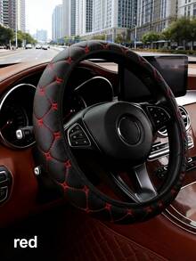 1pc PU Leather Embroidered Soft & Comfortable Anti-Slip Breathable Car Steering Wheel Cover, Fits Most Sedans, Vehicles, SUVs, Universal 15 Inch, Unisex Car Interior Accessory - Style a - View 2