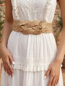 1pc Women Khaki Straw Woven Boho Belt Braided Wide Waist Belt Elastic Stretch Cinch Belt Western Retro Style Waistband Summer Beach Dress Accessory Hollow Out Handcrafted Design One Size Adjustable Vintage Boho Fashion Solid Color PP Material Retro Look Daily Wear Party Outfit Holiday Vacation Resort Wear Coastal Aesthetic Prairie Style Country Chic - VÒNG EO 26-33 IN - Xem 6