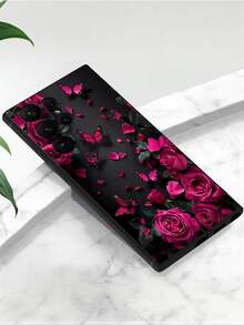1 pezzo Custodia nera per telefono compatibile con Galaxy A04e/A05s/A13/A14/A15/A34/A35/A50/A52/A53/A54/S21/S22/S23/S24/S25/S25Ultra, con immagine romantica di rosa rossa e farfalla, antiscivolo e antiurto. Questa è un'immagine 2D, non 3D. - nero - Visualizzare 5