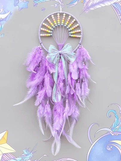 1 pieza Atrapasueños bohemio con cuentas de arcoíris, lazo iridiscente con borlas, adorno colgante para decoración de dormitorio, atrapasueños/atrapasueños de plumas/decoración femenina/decoración de dormitorio/carillón de viento/estilo Ins/regalo para ella