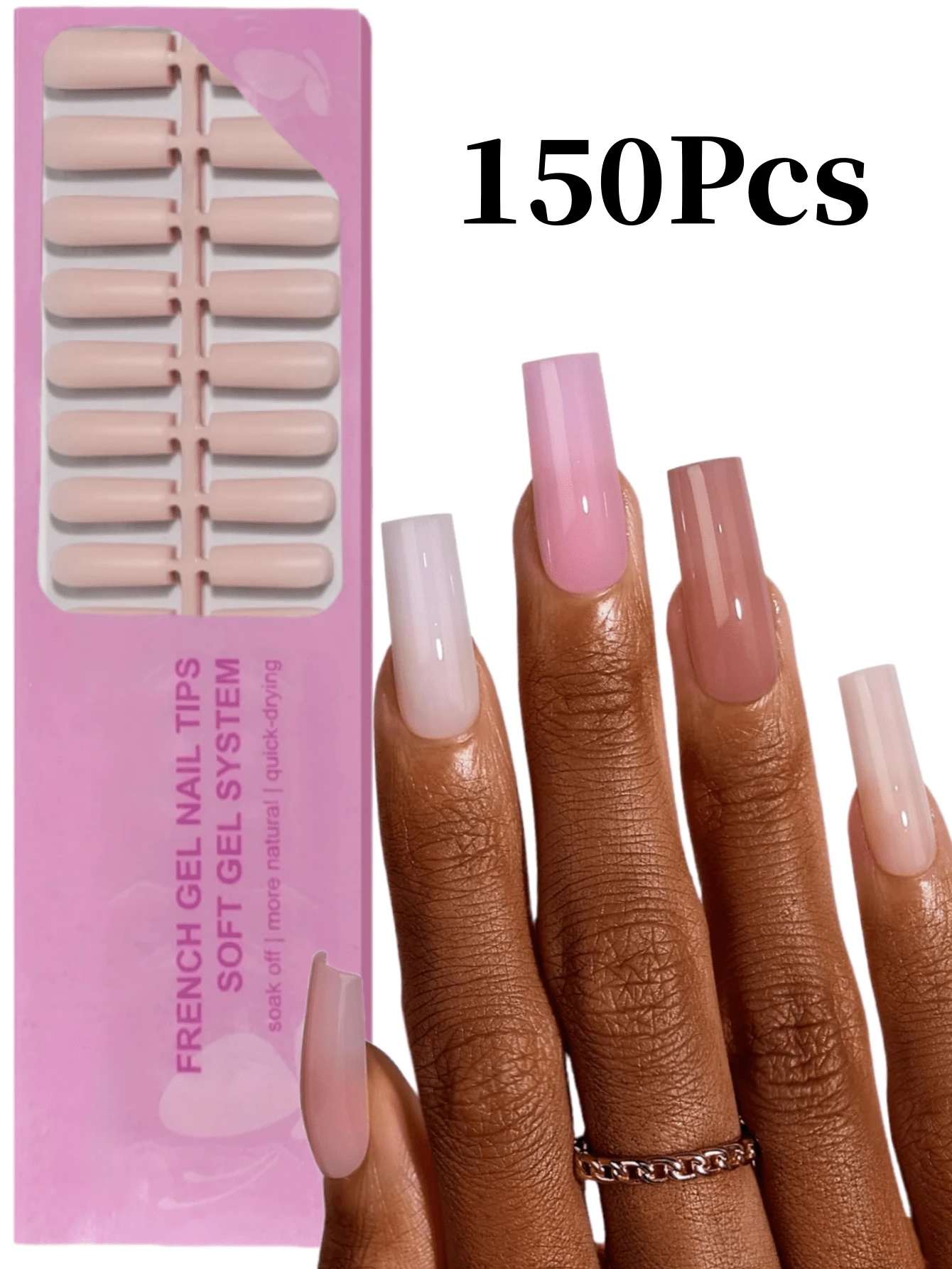 150pcs Rectangular Disposable Nail Stickers, 5 Nude Pink Color Artificial Nail Set, Easy To Apply And Remove, Salon Quality For Home Use, Minimalist Versatile Style For Summer - Multicolor - View 1